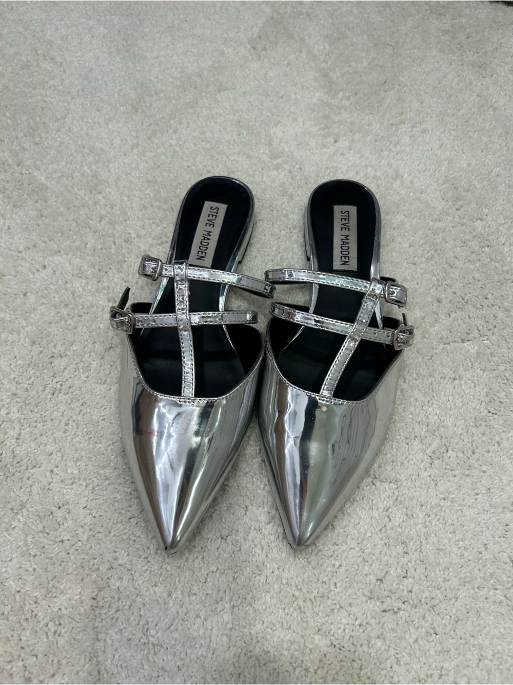 Steve Madden Metallic Silver Pointed Toe Double-Strap Mules